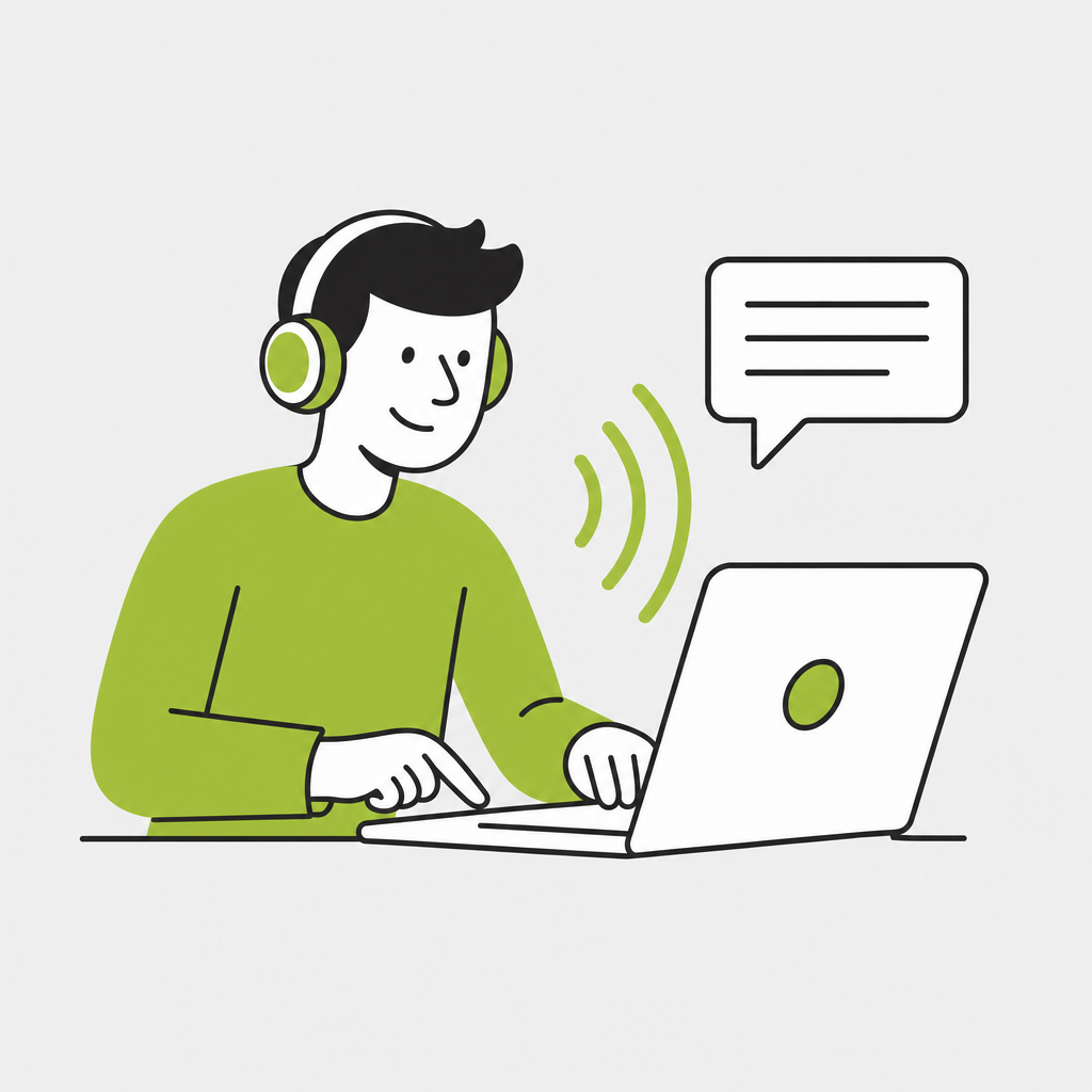 A person wearing headphones at a laptop whose screen emits sound waves and a text bubble