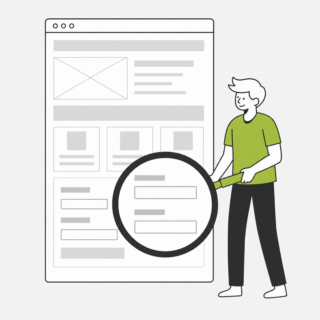 A person holds a large magnifying glass over a web page wireframe, enlarging two of its elements
