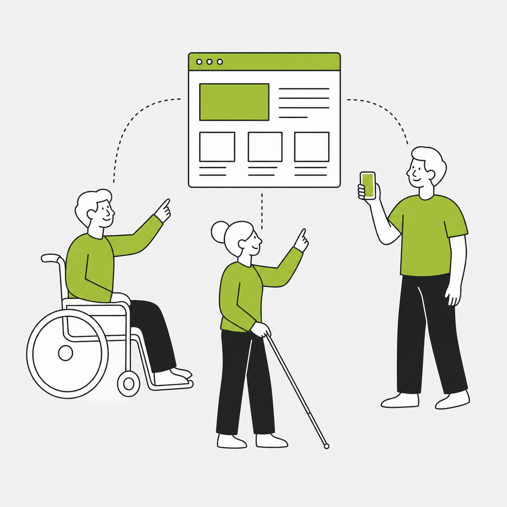 Three people in front of the same web page: one in a wheelchair, one with a white cane, one standing