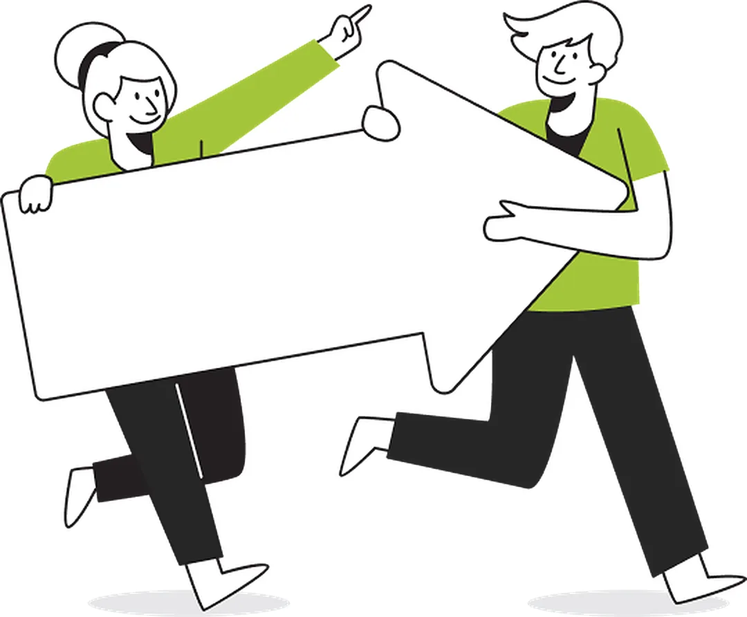 Illustration: two people running while carrying a large arrow together