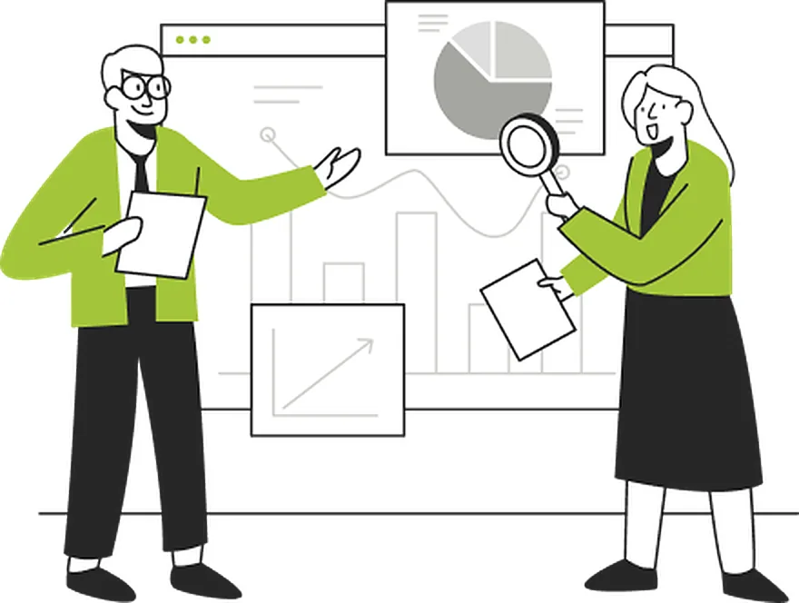 Illustration: two colleagues presenting data charts, one holding a magnifying glass