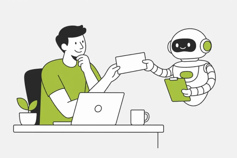 Home 12 Un homme assis à son bureau, devant un ordinateur portable, reçoit une feuille vierge que lui tend un robot souriant qui tient une planchette verte