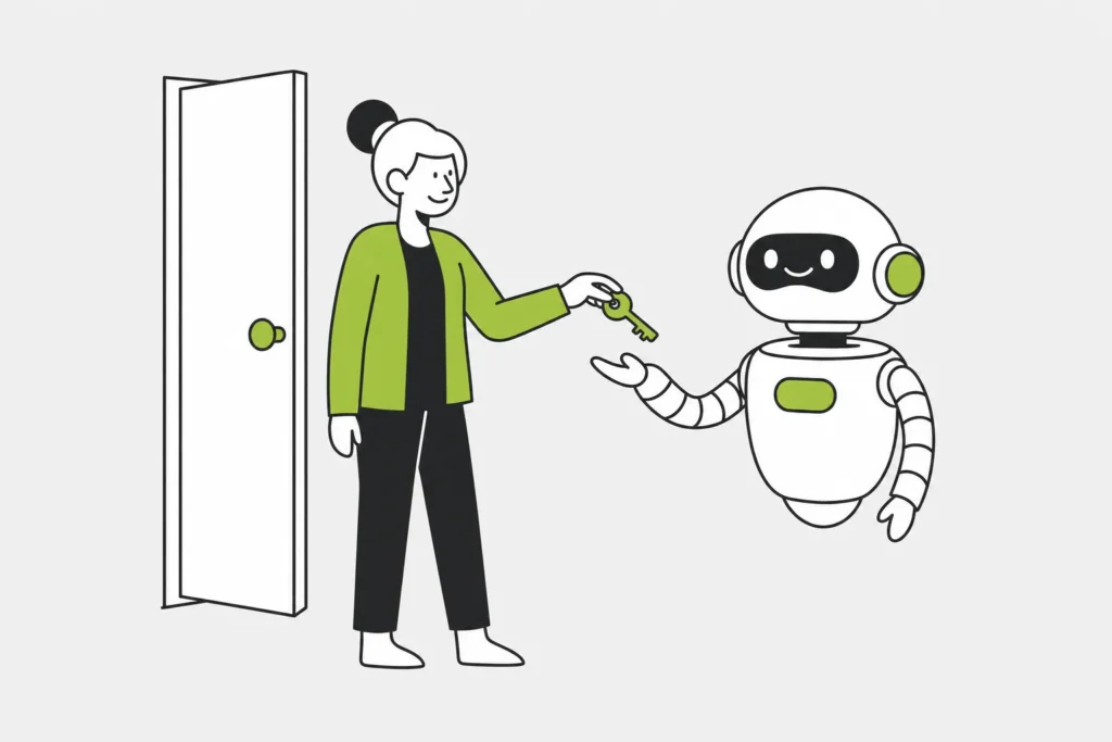 A woman in a green jacket hands a single small key to a robot, next to a door left ajar
