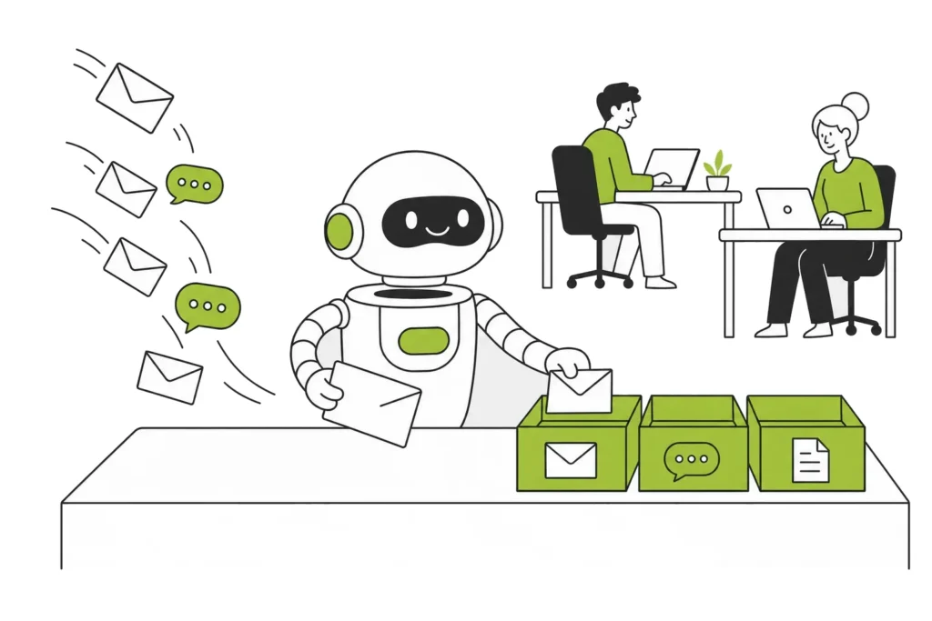 Création d'agents IA pour PME 1 Un robot trie des courriels et des messages entrants dans trois bacs, pendant que deux personnes travaillent à leur bureau derrière lui