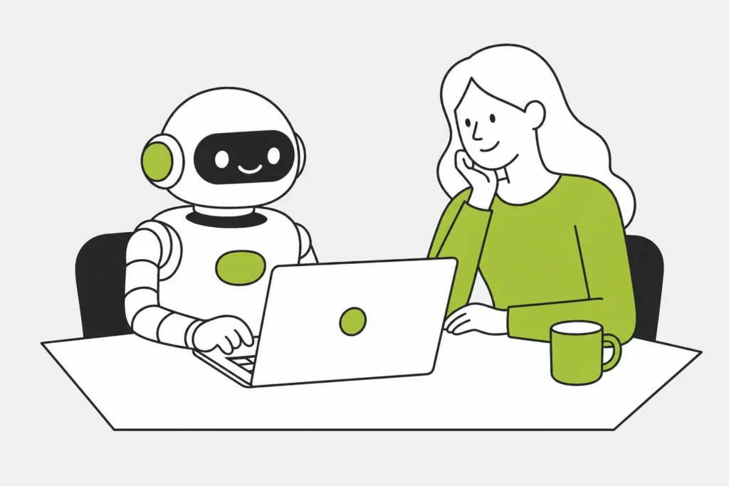 A smiling robot types on a laptop next to a woman in a green sweater who watches it work
