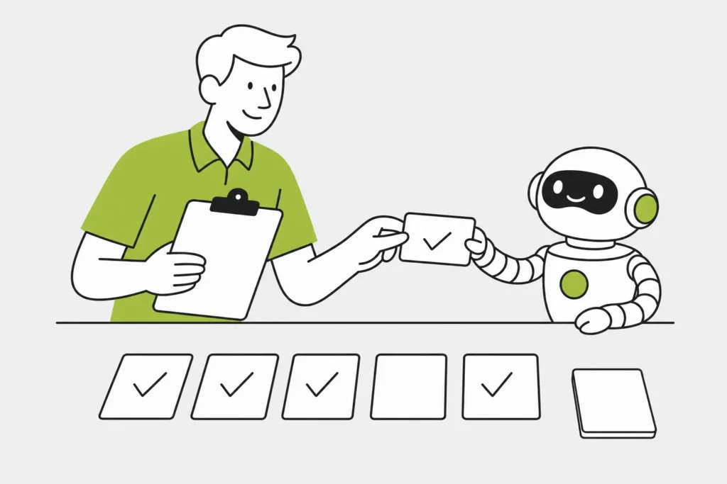Création d'agents IA pour PME 3 Un homme en polo vert, planchette à la main, reçoit une carte cochée d’un robot ; devant eux, une rangée de cartes, dont une vierge et une mise de côté