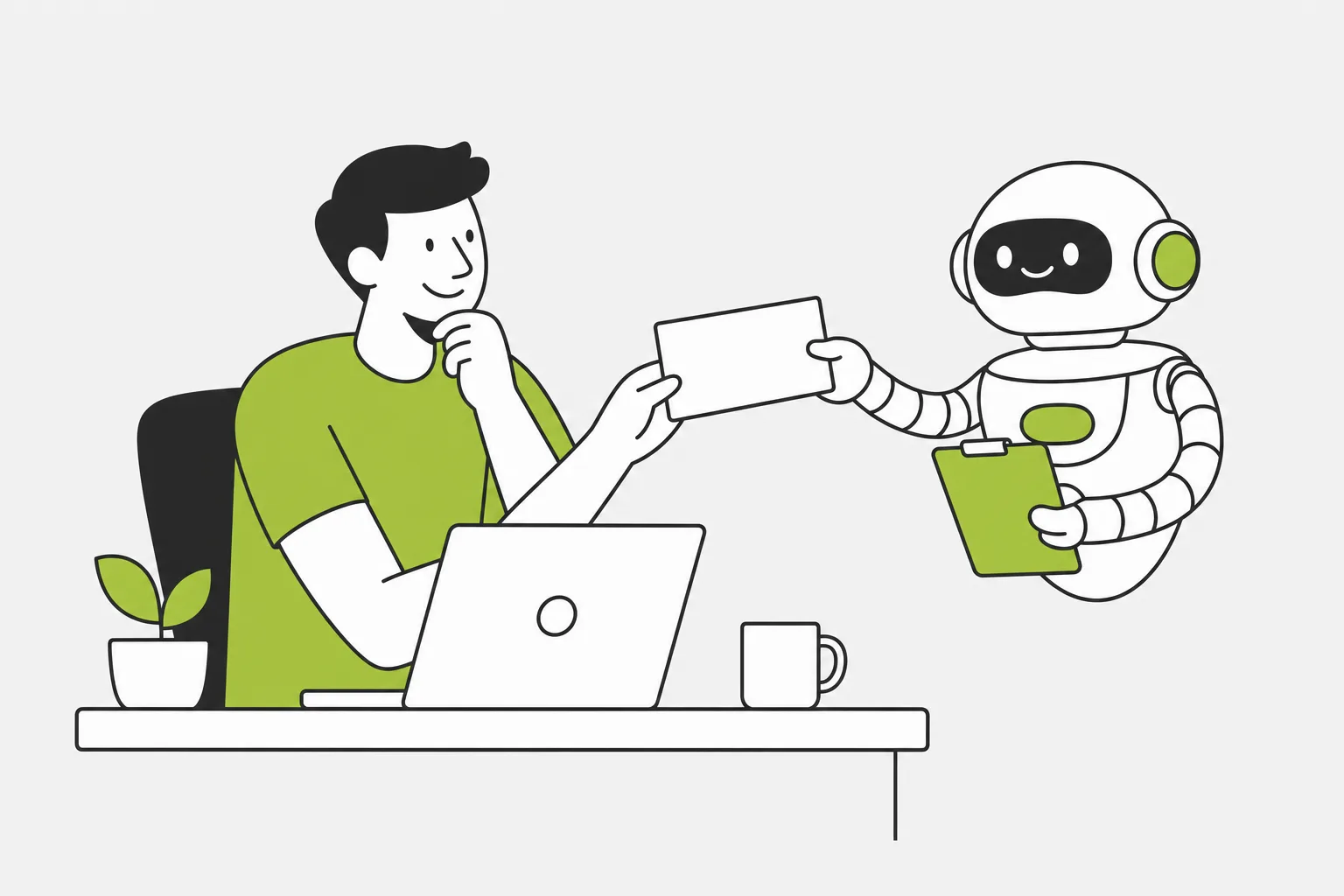 Un homme assis à son bureau, devant un ordinateur portable, reçoit une feuille vierge que lui tend un robot souriant qui tient une planchette verte