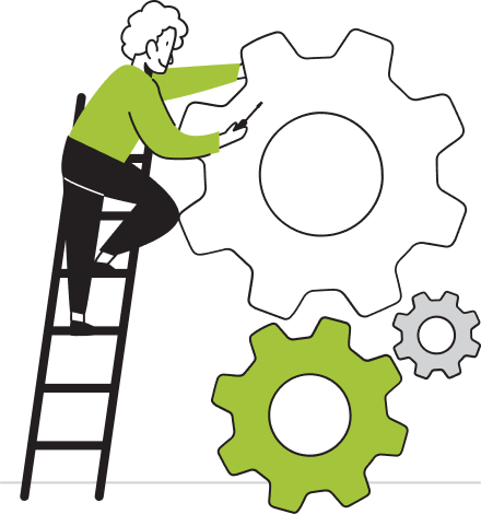 A person on a ladder adjusting a set of gears