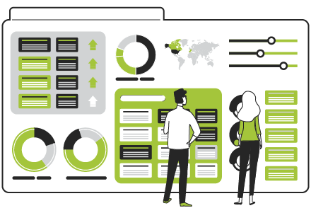 Two people in front of a large dashboard of indicators and charts