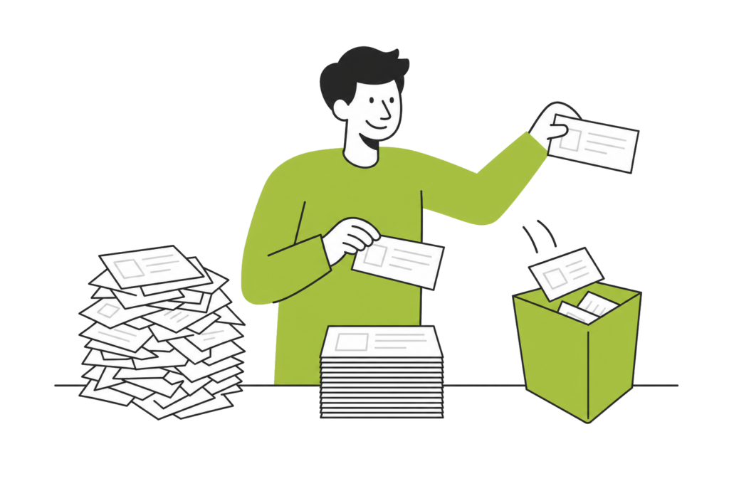 Une personne trie une pile de fiches en désordre en une pile nette, les doublons tombent dans une corbeille