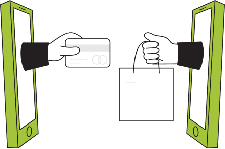 Deux téléphones : une main tend une carte de paiement, l’autre un sac d’achat