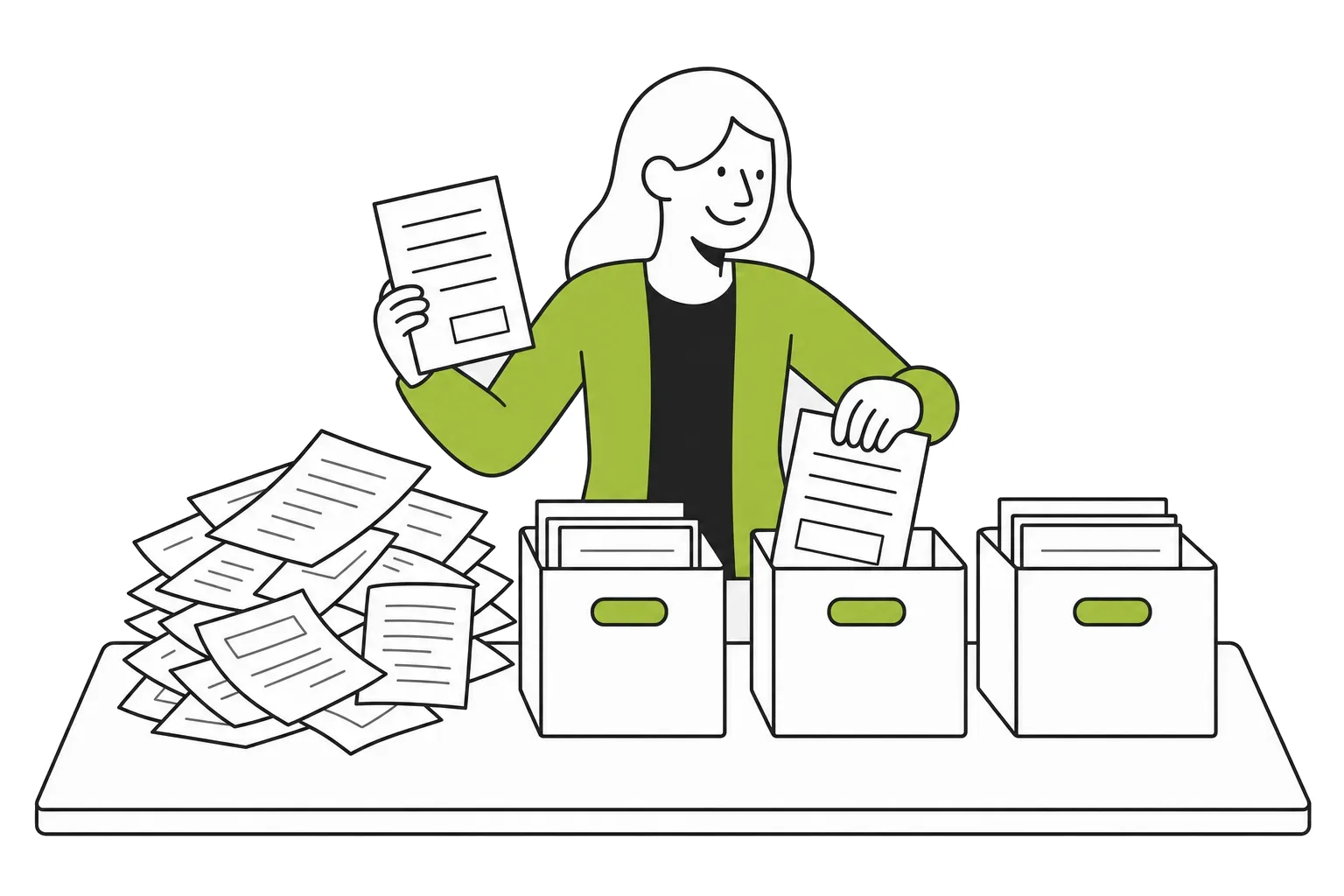 Une personne trie une pile de feuilles en désordre et les range dans trois boîtes de classement identiques, munies de poignées vertes