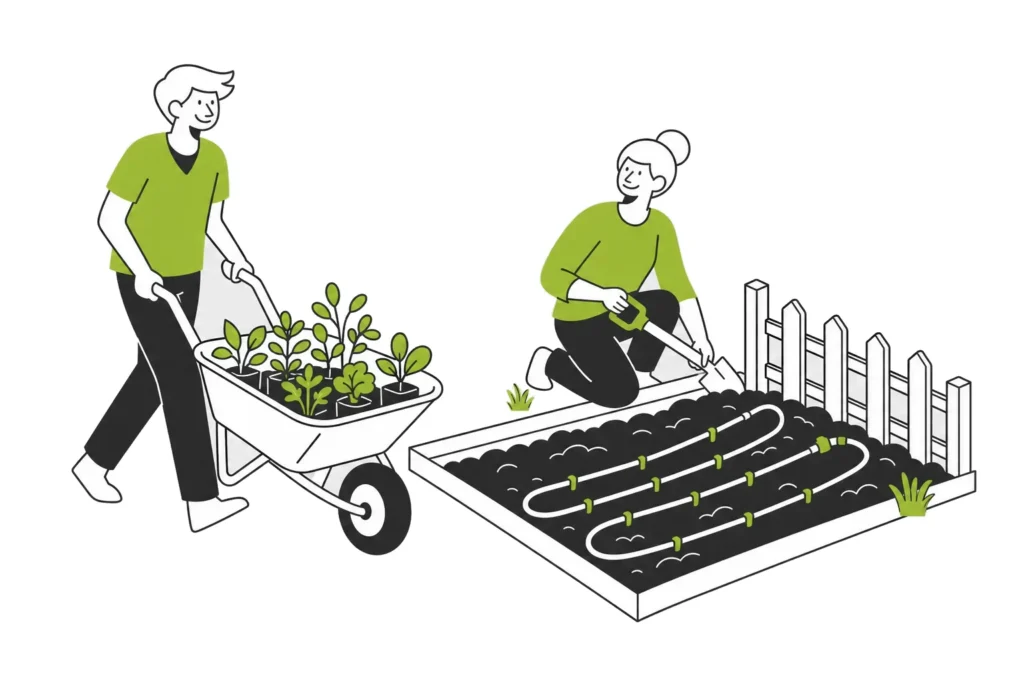 Growth Ecosystems 1 A person prepares a fenced garden bed with a watering hose laid in it while another arrives with a wheelbarrow of seedlings