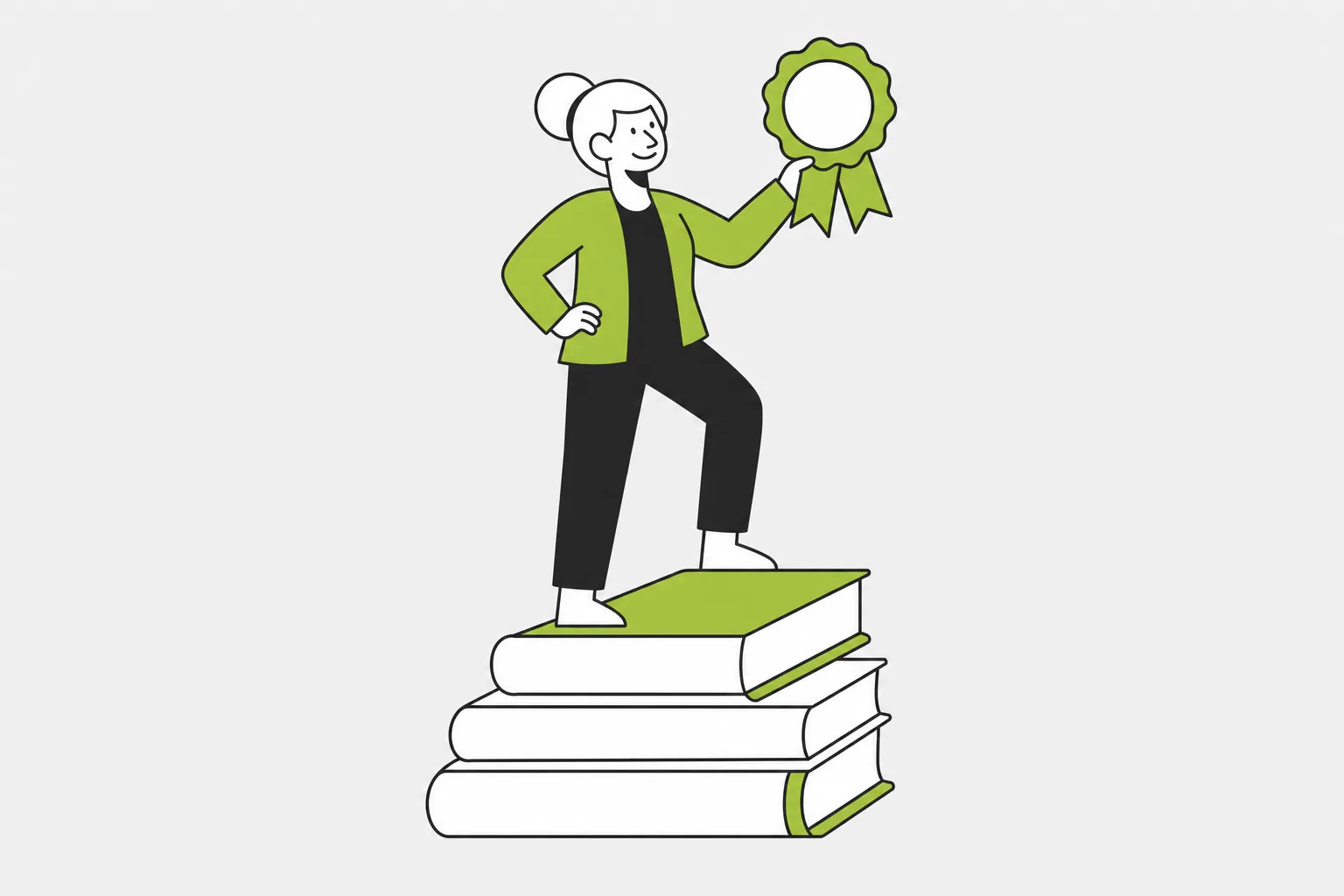 Une personne debout sur une pile de livres brandit un ruban de distinction