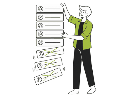 A person holding a contact list with several crossed-out entries falling away