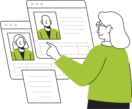 A person pointing at profile cards displayed on screens
