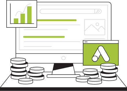 Un écran de résultats de recherche et un graphique de performance, entourés de piles de pièces