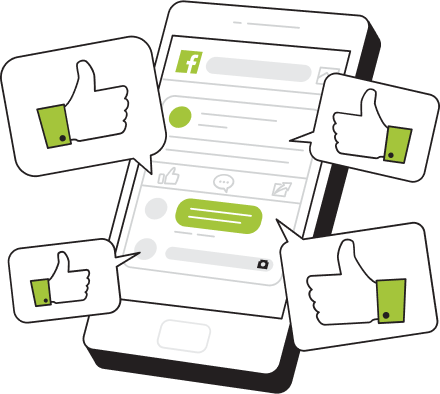 A phone with thumbs-up reactions bursting out of it