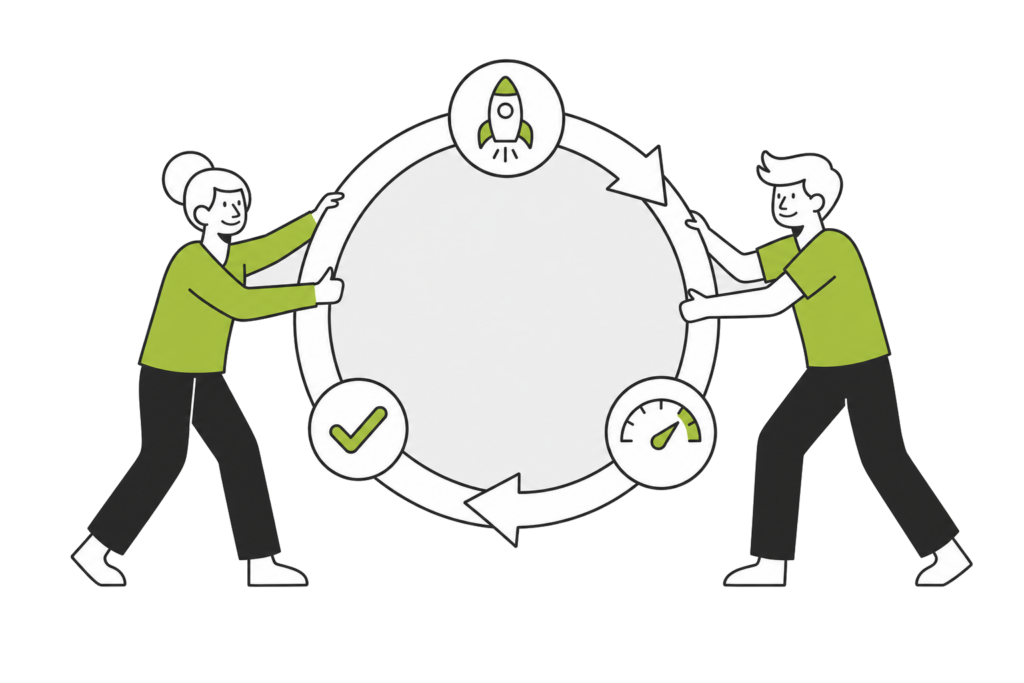 Two people turning an arrow cycle marked with three stops: a launch, a measuring dial, a check mark