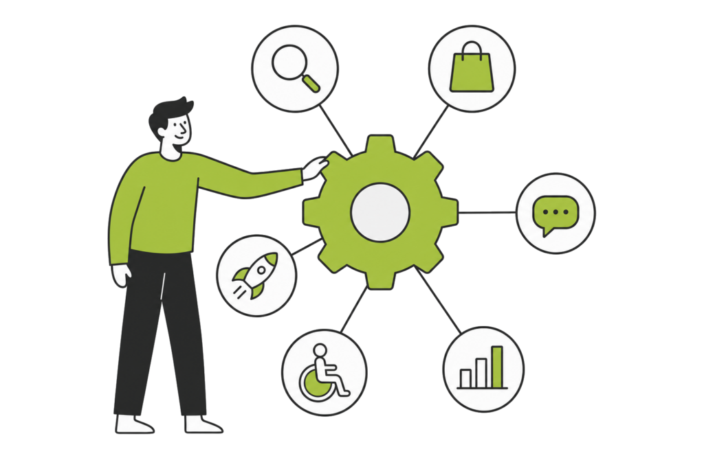 Un engrenage central relié à six pictogrammes de disciplines : recherche, commerce en ligne, médias sociaux, analytiques, accessibilité, lancement
