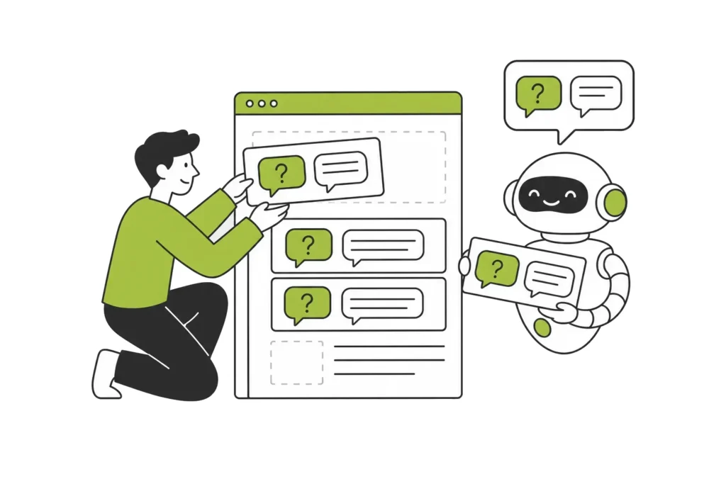 Our GEO method 1 A person builds a web page from question and answer blocks while a robot picks one up and repeats it in its own speech bubble