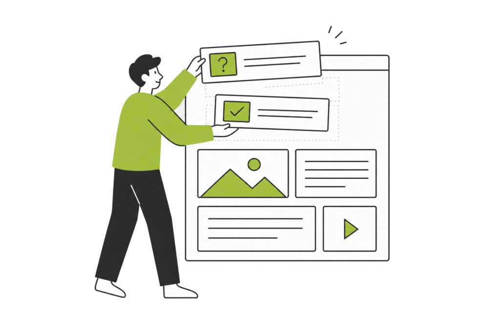 A person moving a question block and its answer block to the top of a web page layout