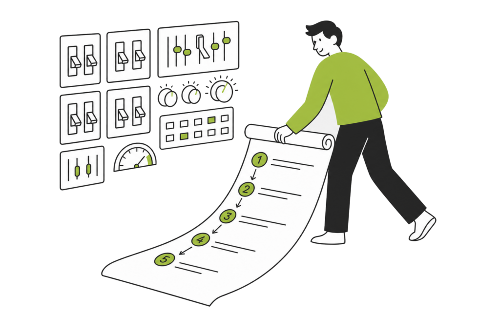 A person turning away from a wall of switches to unroll a five-step numbered plan