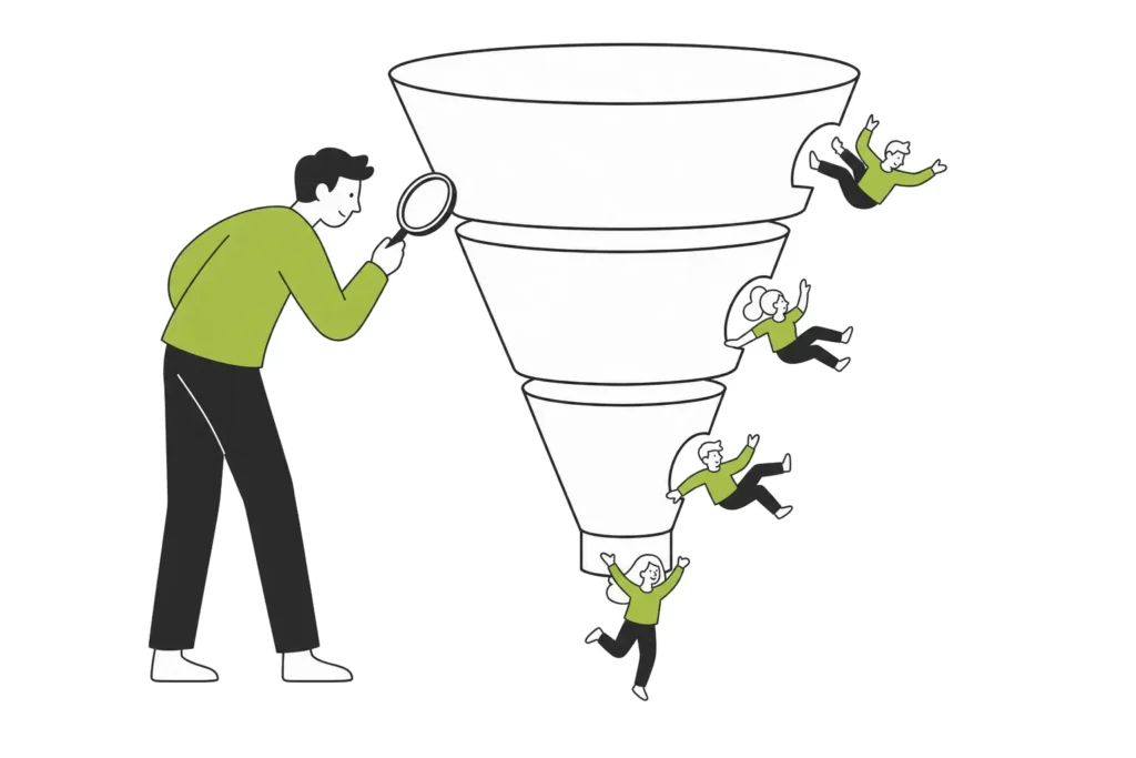 A person examining a three-stage funnel with a magnifying glass as visitors slip out of it