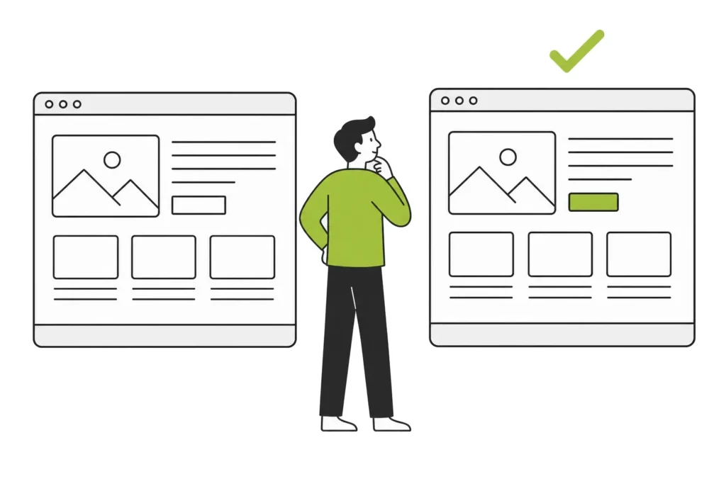 Deux versions d’une même page côte à côte, une personne les compare, la gagnante est cochée