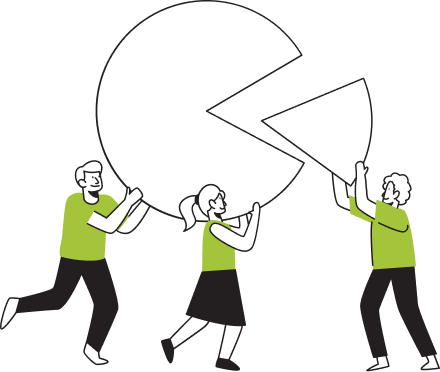 Trois personnes remettent en place une part d’un grand diagramme circulaire