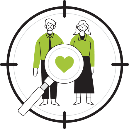 Two customers at the centre of a target, seen through a magnifying glass