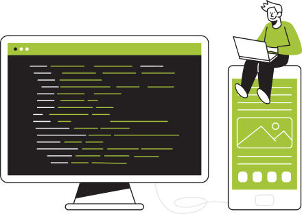 Un écran de code et un site mobile, avec un développeur assis sur l’appareil