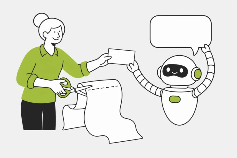 Home 12 Une femme en chandail vert découpe aux ciseaux un court passage dans un long document et le tend à un robot qui tient une bulle vide
