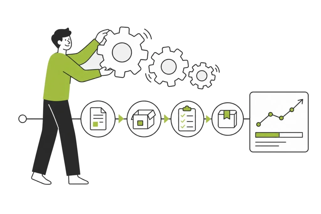 A person setting gears in motion above an already orderly process