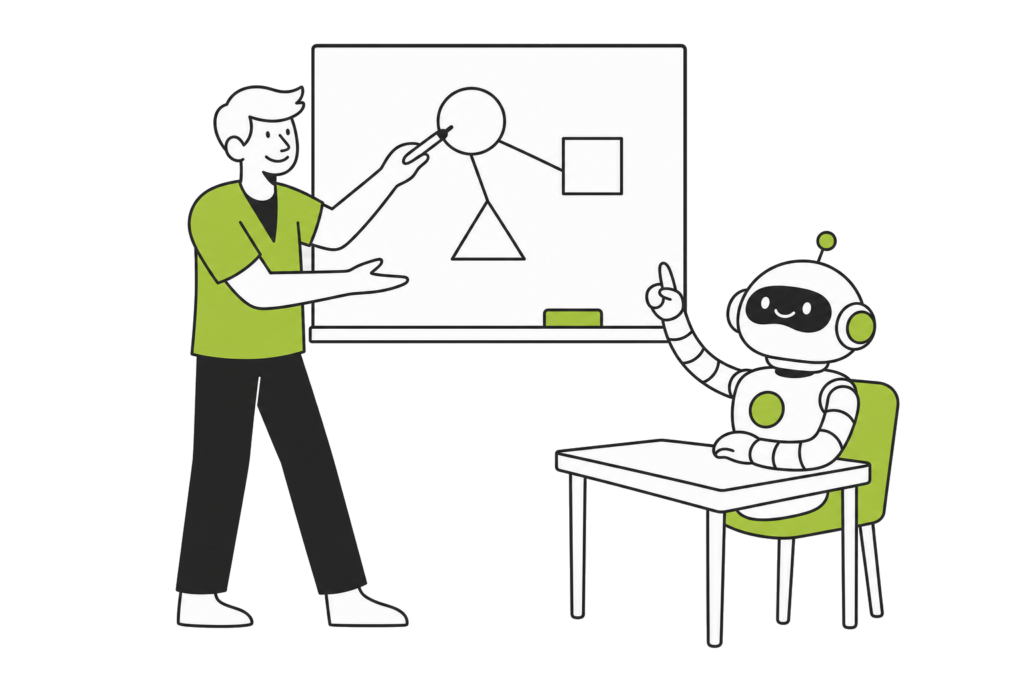 A person explaining a diagram at a whiteboard to a small robot seated at a desk, raising its hand