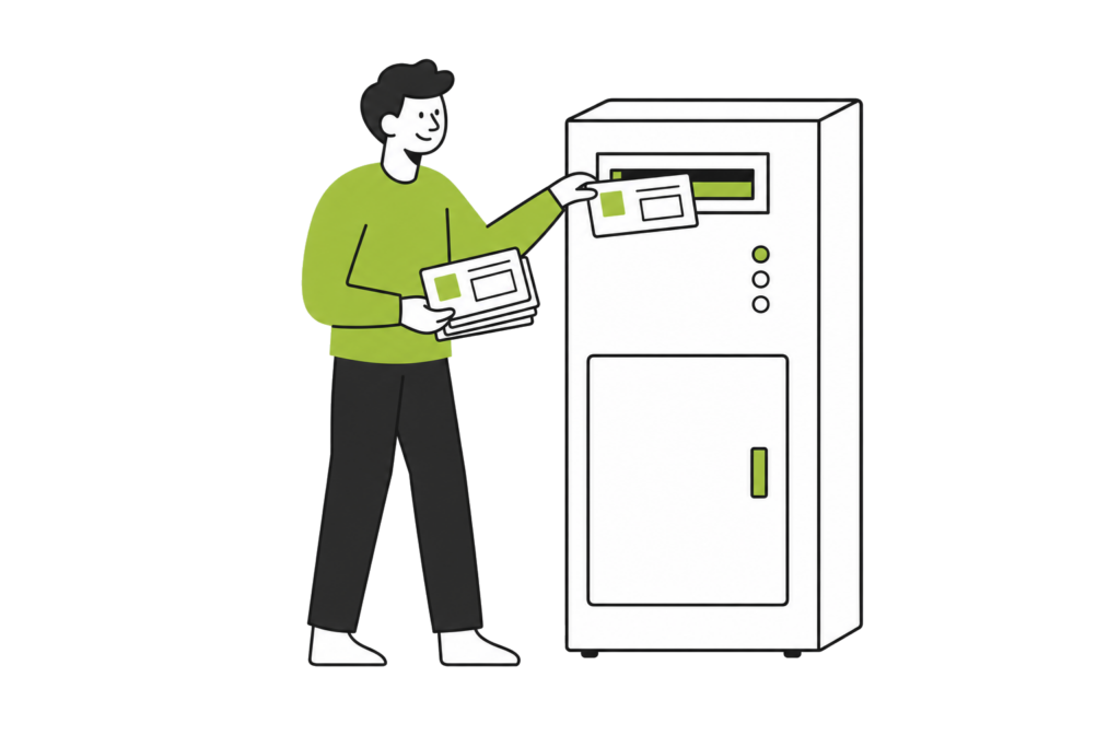 A person feeding structured cards into the slot of a machine, holding a stack of others