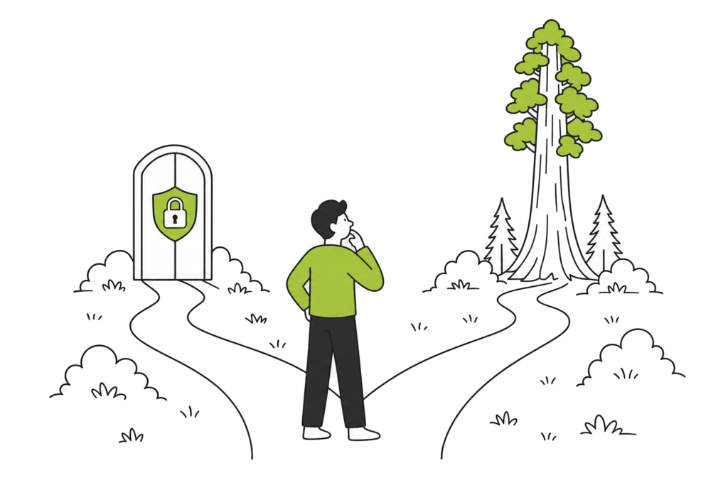 A person at a fork choosing the path to a sequoia rather than a door marked with a padlock