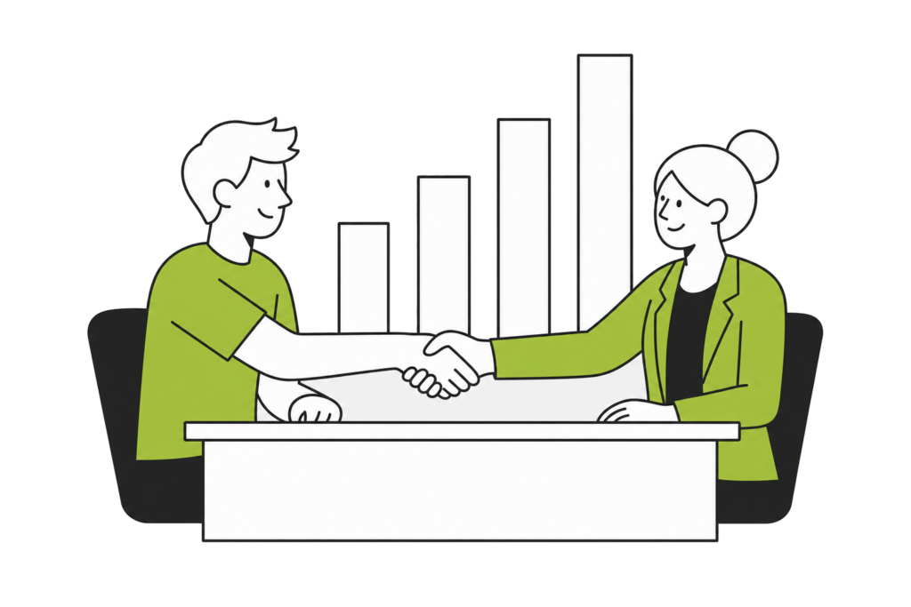 Two people shaking hands across a desk, a rising bar chart behind them